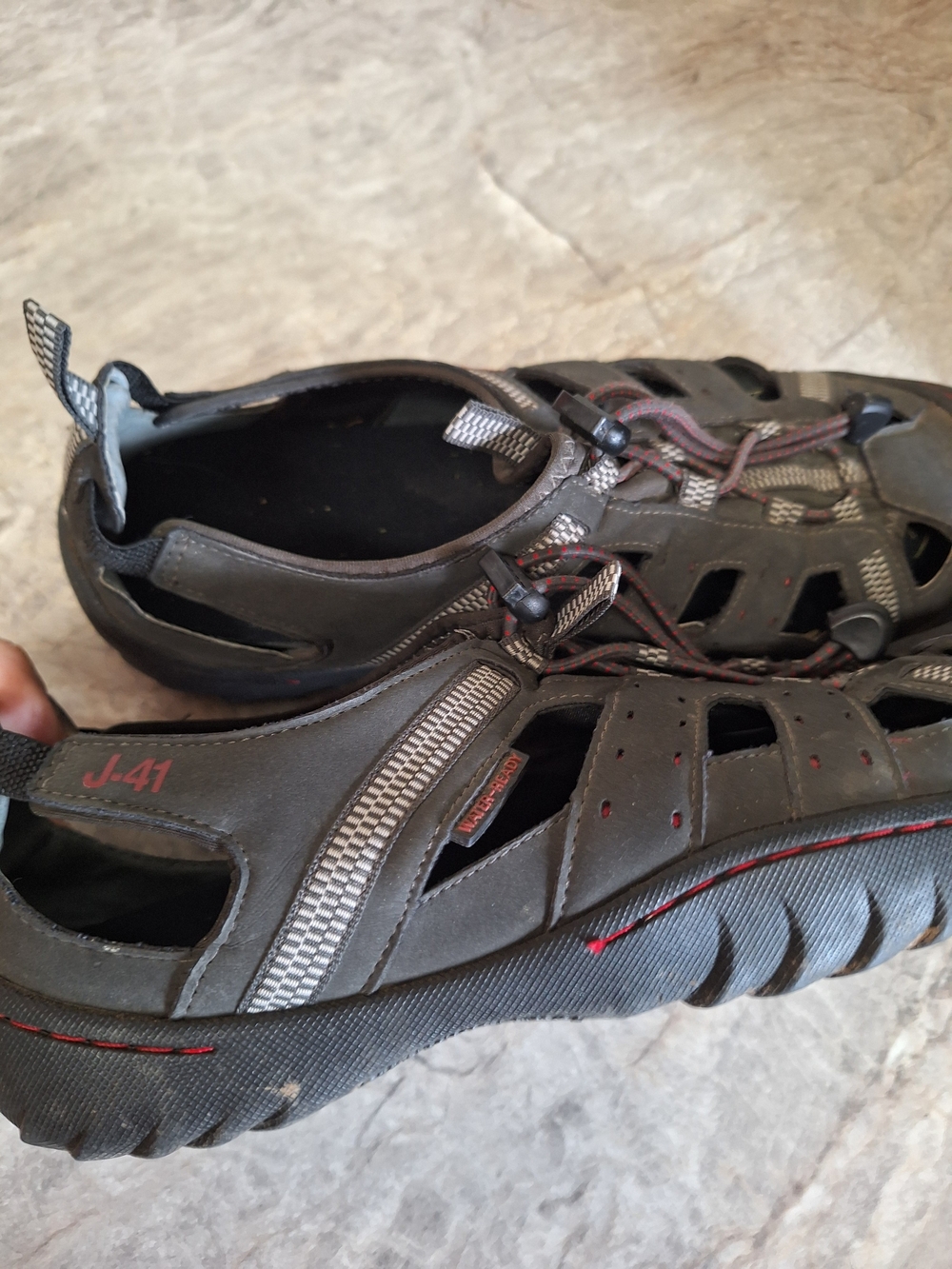 J-41 Men's Gray Outdoor Sport Sandals with Red Accents